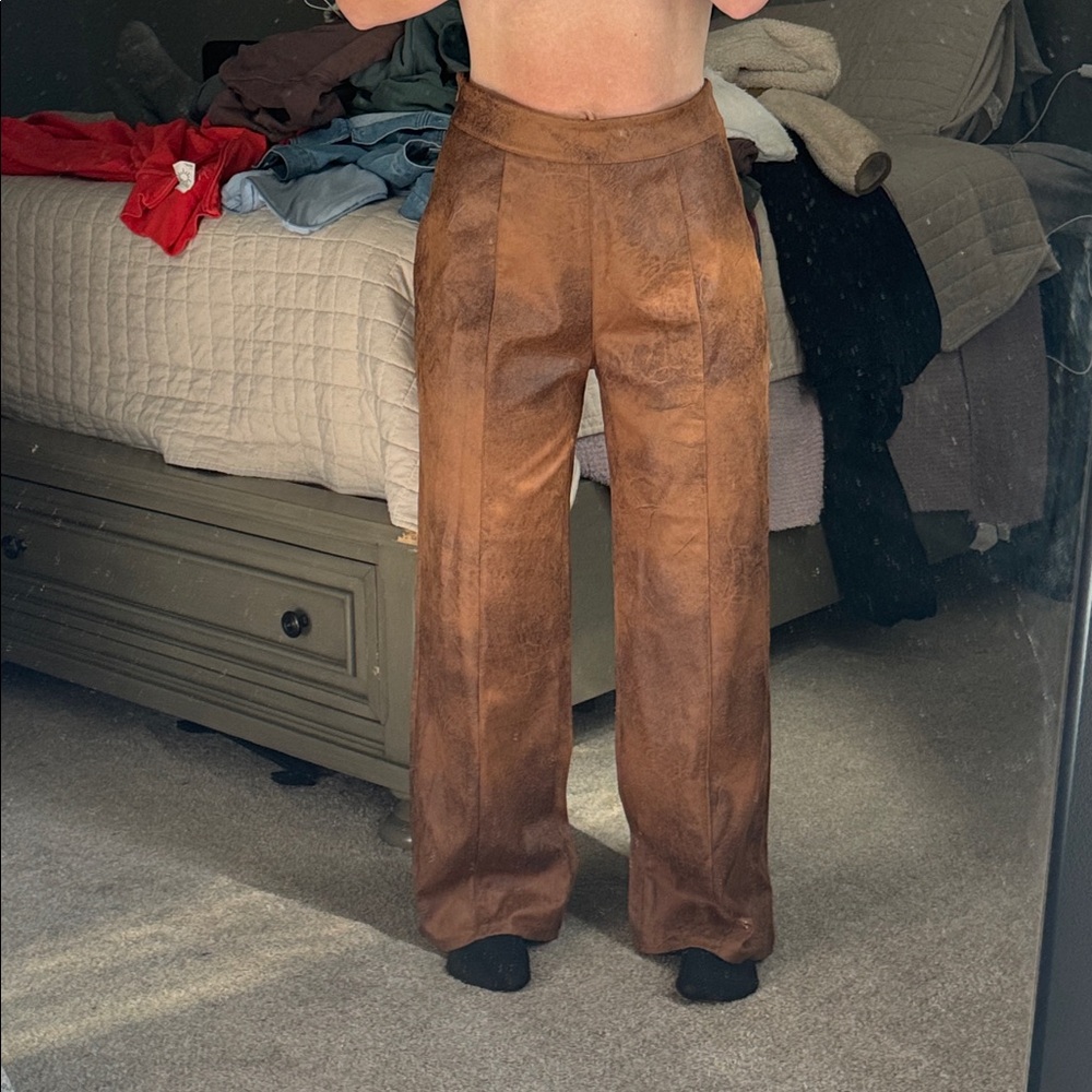 Brown Leather Wide-Leg Pants